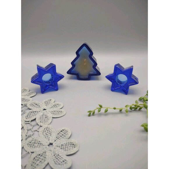 Vintage Cobalt Blue Glass Celestial Star Candle Holders, Fir Tree Candle, READ - Picture 1 of 17